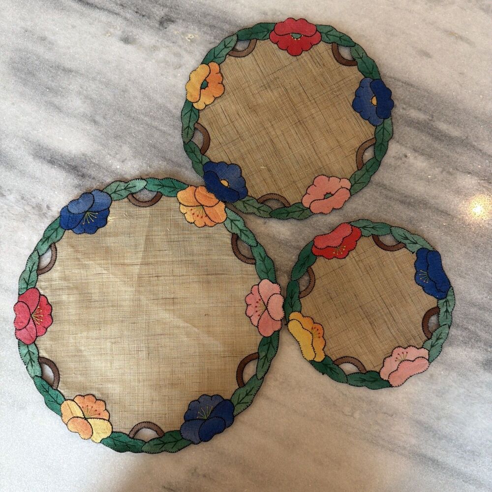 Vintage Hand Stitched Linen Doilies Embroidery Appliqued Flowers Set Of 3 Round